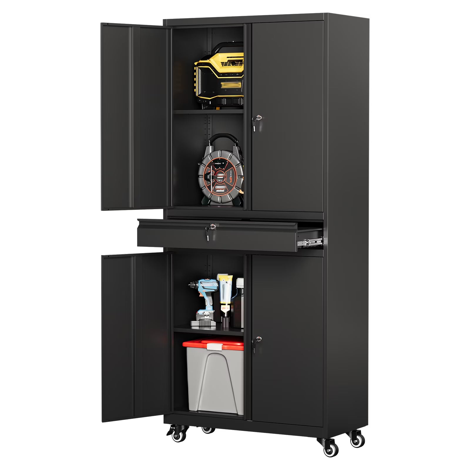 STANI Metal Garage Storage Cabinets with Drawer, 4 Doors Tool Storage Cabinet with 2 Adjustable Shelves, 73"H Rolling Steel Locking Cabinet for Garage Utility Room Home Office (Black, 4 Wheel)