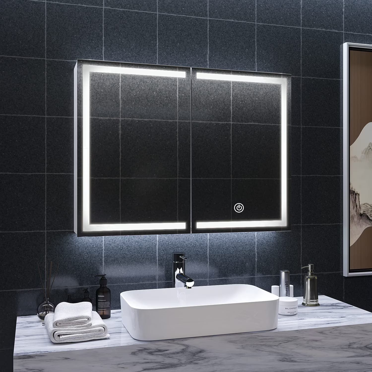 Lighted Medicine Cabinet with Mirror& LED Light for Bathroom,Wall Mounted Bathroom Mirror Cabinet with Storage and 2 Outlet and 3 Doors for Home, White, 39.4" x 23.6"