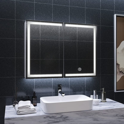 Lighted Medicine Cabinet with Mirror& LED Light for Bathroom,Wall Mounted Bathroom Mirror Cabinet with Storage and 2 Outlet and 3 Doors for Home, White, 39.4" x 23.6"