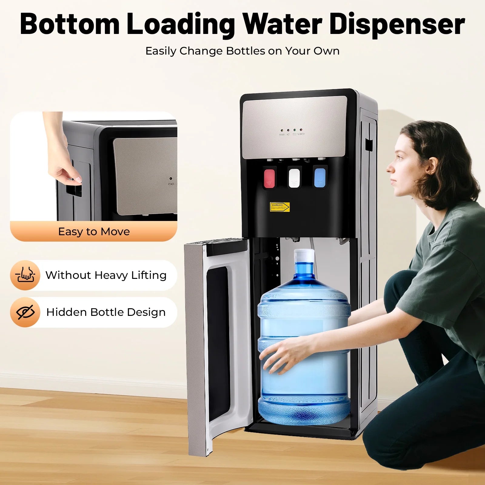 Silver Grey Floor Standing Hot& Cold Water Dispenser with 3 Temperature Settings, Indicator Lights & Removable Drip Tray, for Home Office and Living Room