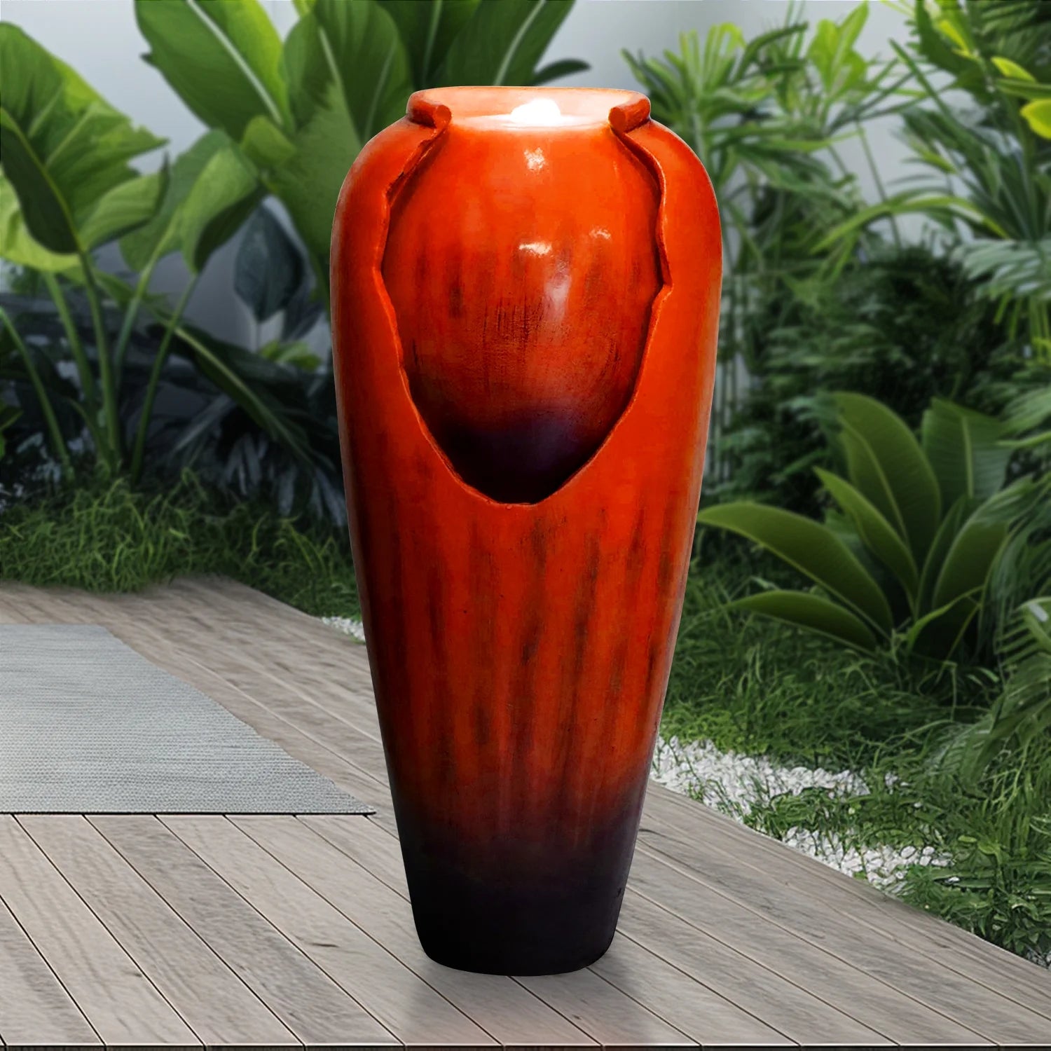 ourrco 30.7"H Concrete Vase Water Fountain, Modern Cascading Waterfall Feature with LED Lighting and Pump, Perfect for Indoor or Outdoor Home and Garden Decor, Red