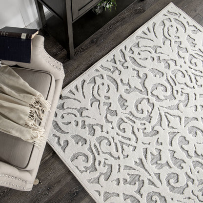 My Texas House Lady Bird, Modern Farmhouse, Damask, Indoor Outdoor Area Rug, Natural Gray, 5'3" x 7'6"