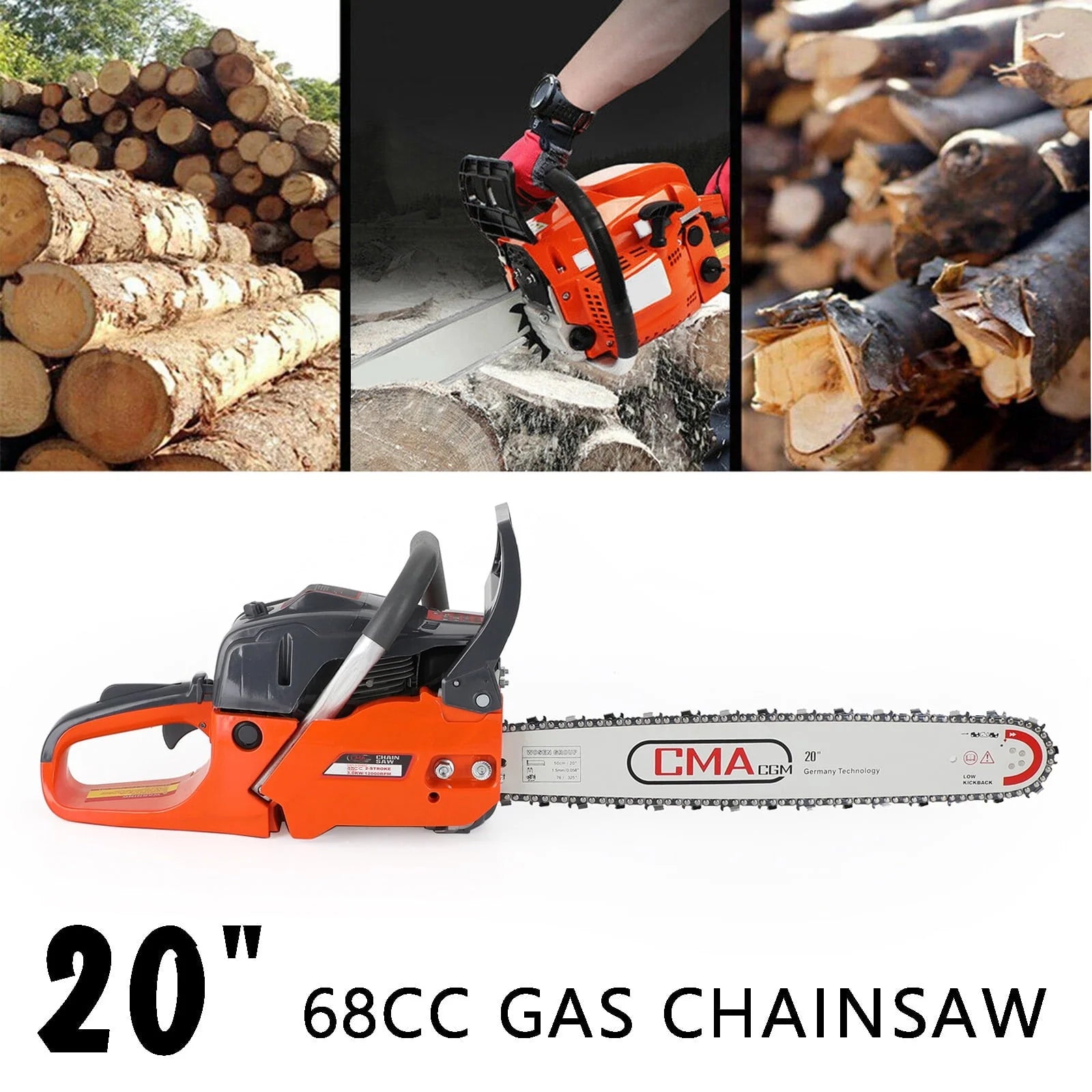 TOPTENG Gas Cordless Chainsaw 20 inch, 2-Cycle Gasoline Powered Chain Saw, 68CC Handheld Cordless Chainsaw, Automatic Chain Oiler, Garden Tool for Cutting Wood Trees