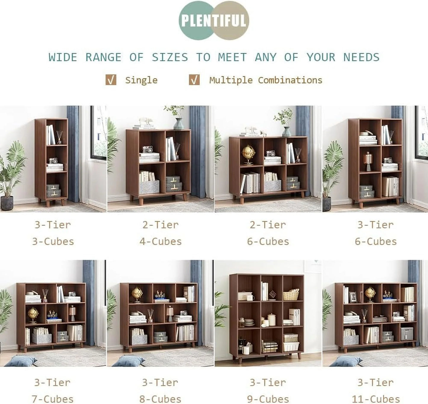 Freestanding Open Cubes Bookcase - 2-Tier Floor Standing Wooden Storage Display Cabinet Organizer with Legs for Home Office, 4-Cubes Open Shelf Low Short Bookshelf, Walnut