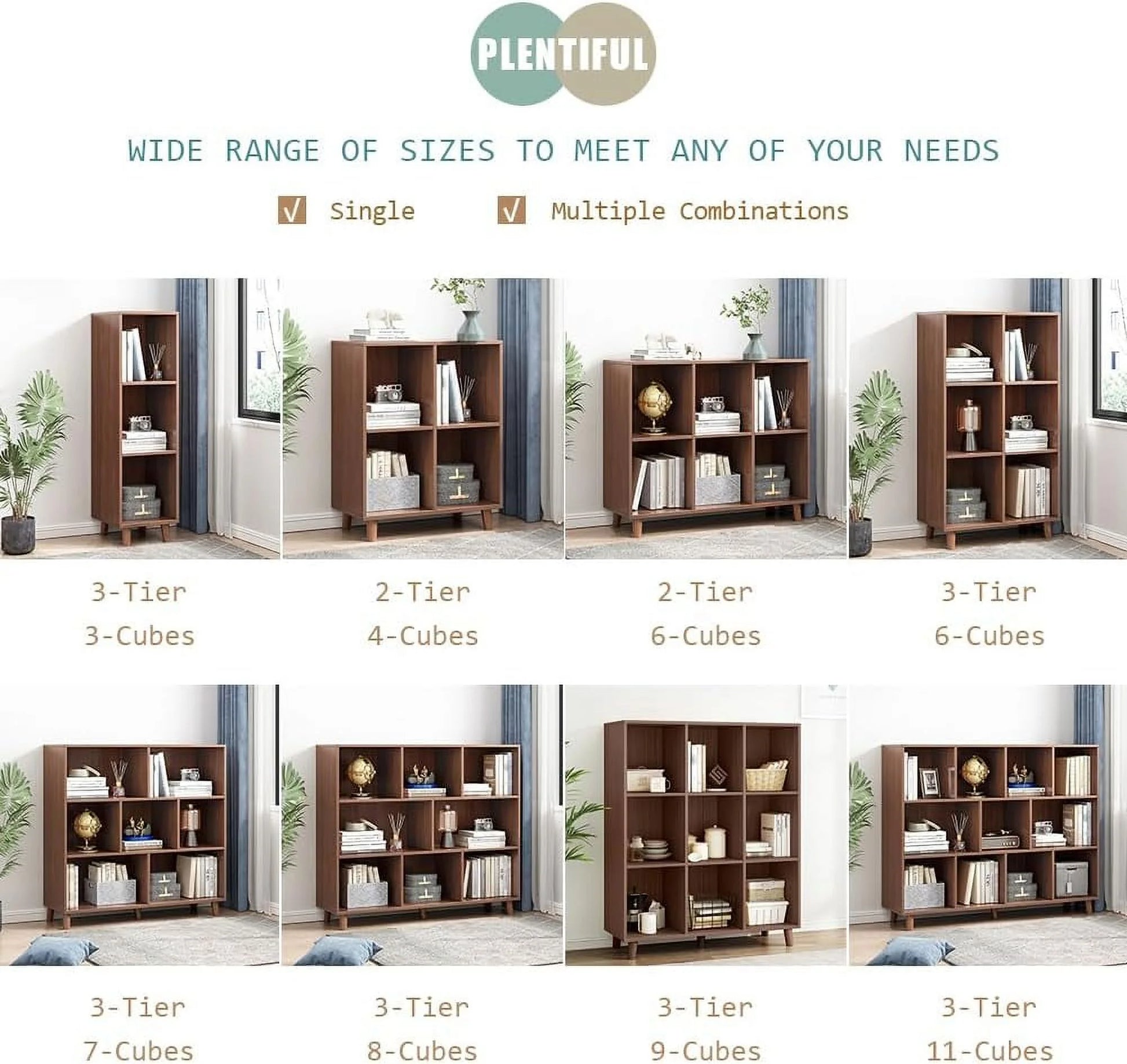 Freestanding Open Cubes Bookcase - 2-Tier Floor Standing Wooden Storage Display Cabinet Organizer with Legs for Home Office, 4-Cubes Open Shelf Low Short Bookshelf, Walnut