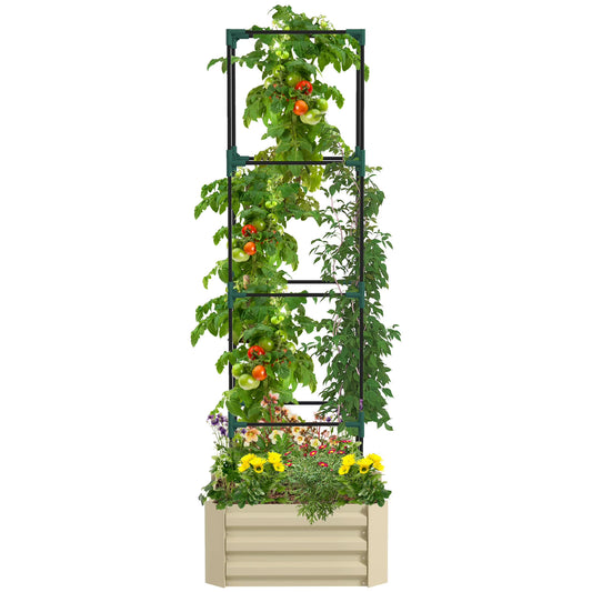 Outsunny Galvanized Raised Garden Bed,24" X 24" X 11.75" Outdoor Planter Box with Trellis Tomato Cage and Open Bottom for Climbing Vines,Vegetables,Flowers In Backyard,Garden,Patio,Cream,White Steel