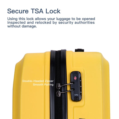 3 Piece Luggage Sets, ABS Lightweight Suitcase(20/24/28), Carry on Hard-Shell Luggage with 2 Hooks, Telescopic Handle, Spinner Wheels and TSA Lock, Yellow