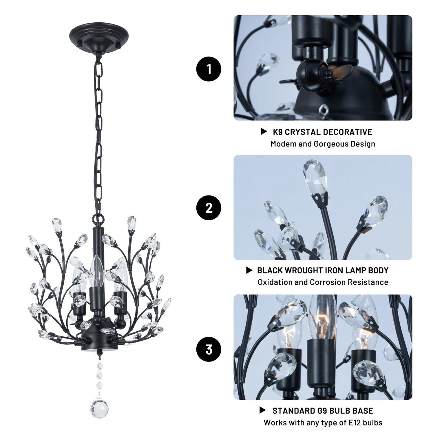 FINE MAKER 18-inch branch flower-shaped crystal chandelier, 3-head living room chandelier, bedroom study lighting fixture (black)