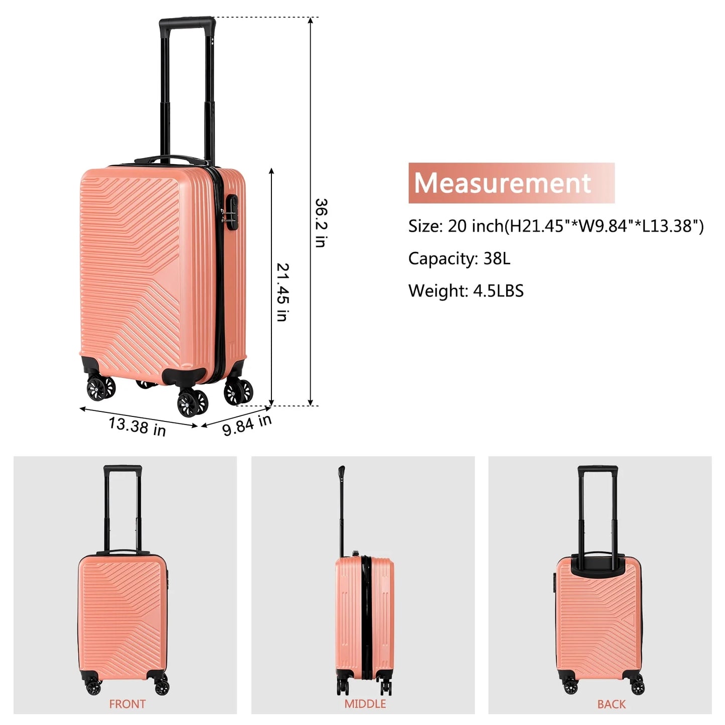 Carry On Luggage, 20" Hardside Suitcase ABS Spinner Luggage with Lock - Crossroad in Rosegold