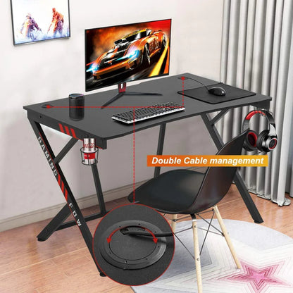 BestOffice Gaming Desk Computer Desk Home Office Desk Racing Style Study DeskExtra Large Modern Ergonomic PC Carbon Fiber Writing Desk Table with Cup Holder Headphone Hook,Red