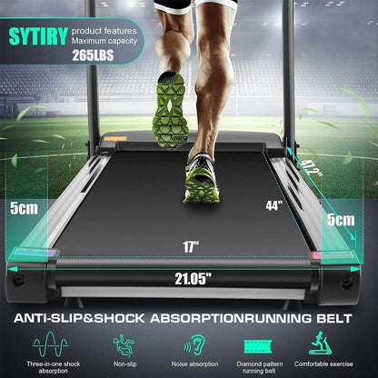 SYTIRY Folding Treadmill w/10" HD Touchscreen WiFi 3.25 HP Adjustable Incline Treadmills, Heart Rate Monito 9 MPH Speed Range Jogging Running Machine for Home Office 265lbs Weight Capacity
