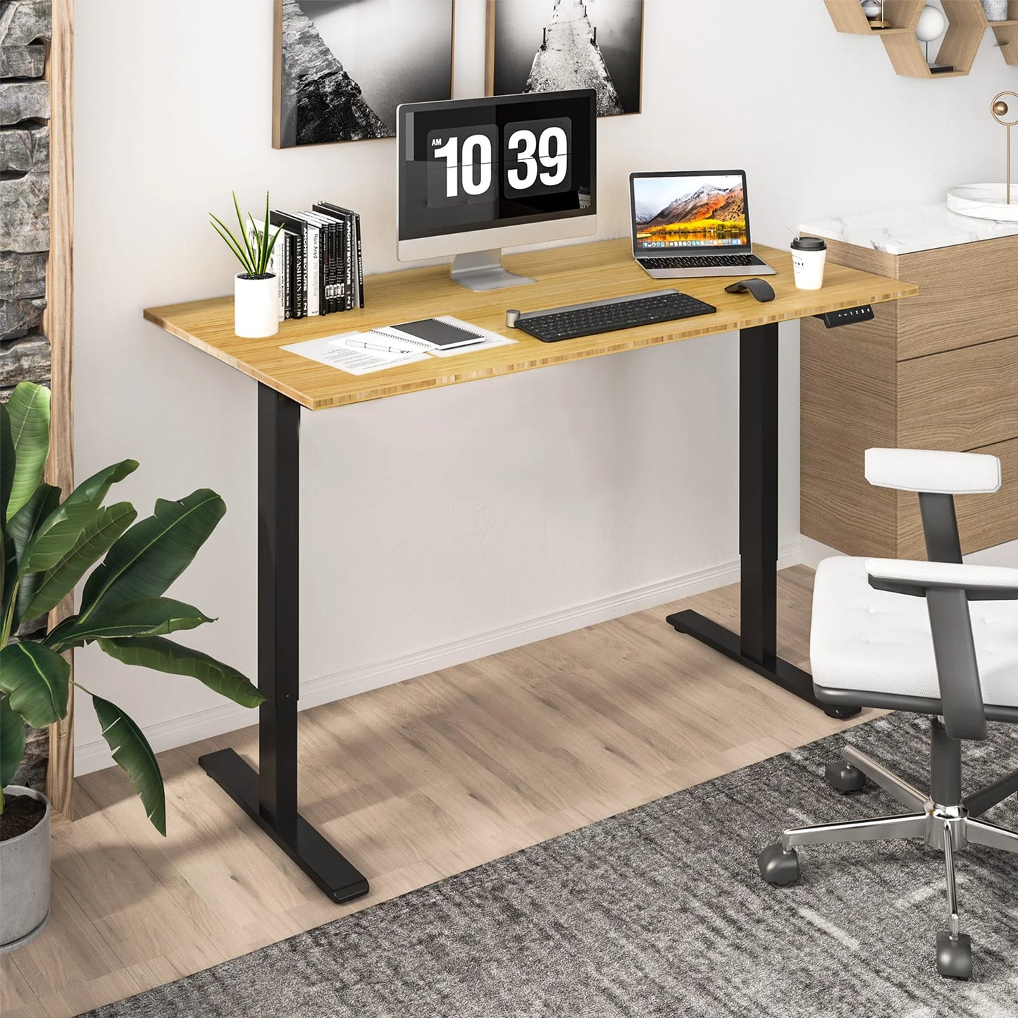 FlexiSpot 100% Bamboo Whole-Piece Desktop Ergonomic Electric Home Office Standing Desk Memory Controller 55''X28'' - Black