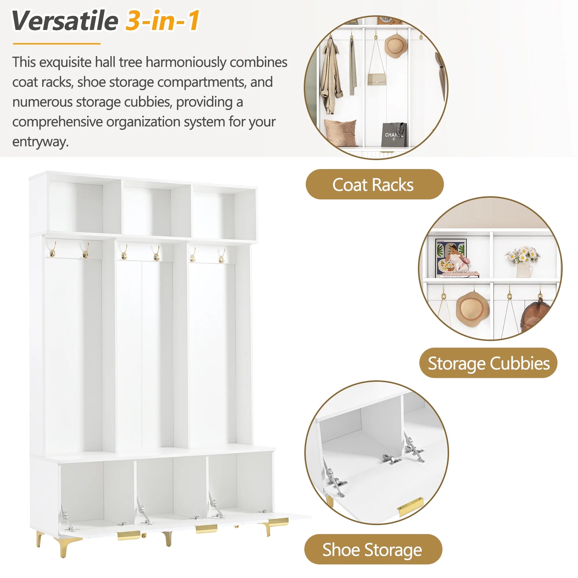 Euroco Modern Hall Tree with High Gloss Fluted Doors, Gold Accents, Shoe Storage & Bench - Entryway Organizer with Cubbies and Coat Hooks