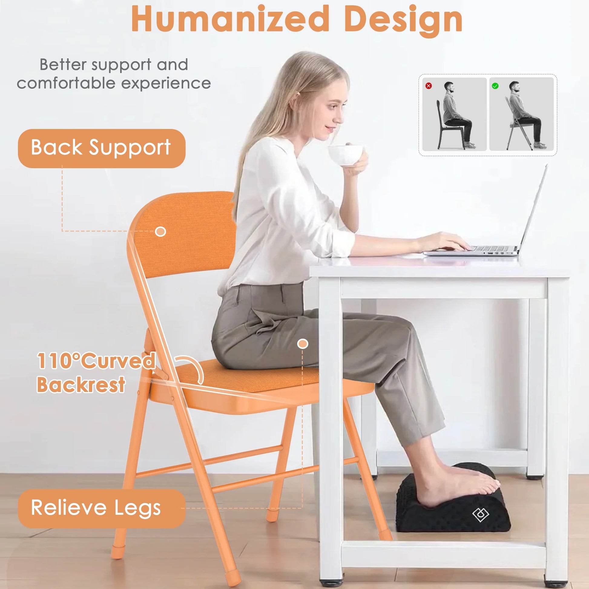 VECELO Set of 4 Folding Chairs, Fabric Dining Chair Set with Padded Cushion and Back, Indoor Outdoor Upholstered Seat with Metal Frame for Home Office Events Wedding Party, Orange