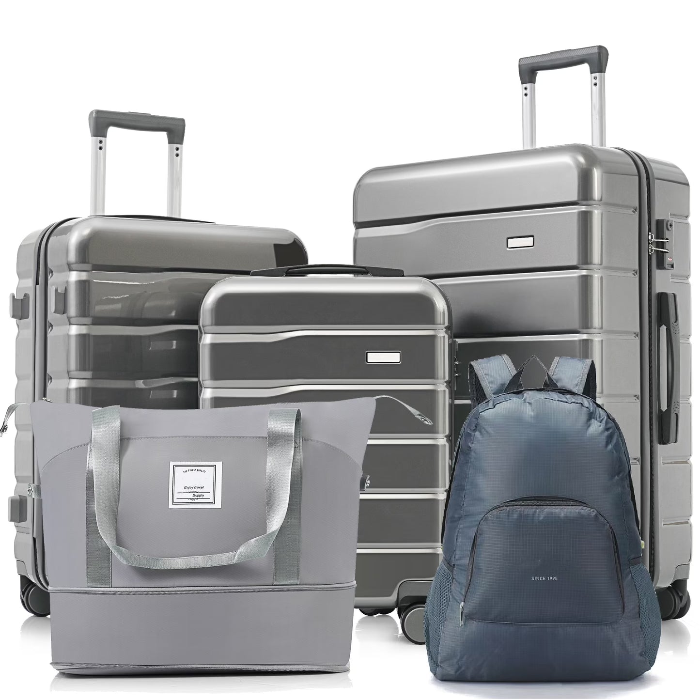 EUROCO 5 Piece Luggage Sets,ABS Hardside Carry On Suitcase with TSA Lock, Side hooks,4 360° Spinner Wheels,Expandable Duffel Bag & Foldable Backpack,20"/24"/28",Grey