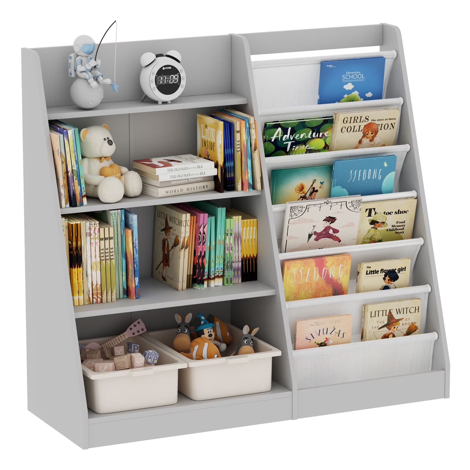 Hironpal Large 6 Layer Sling Kids Bookshelf, 4 Tier Wooden Children Toy Organizer Cabinet for Playroom Nursery Classroom Library