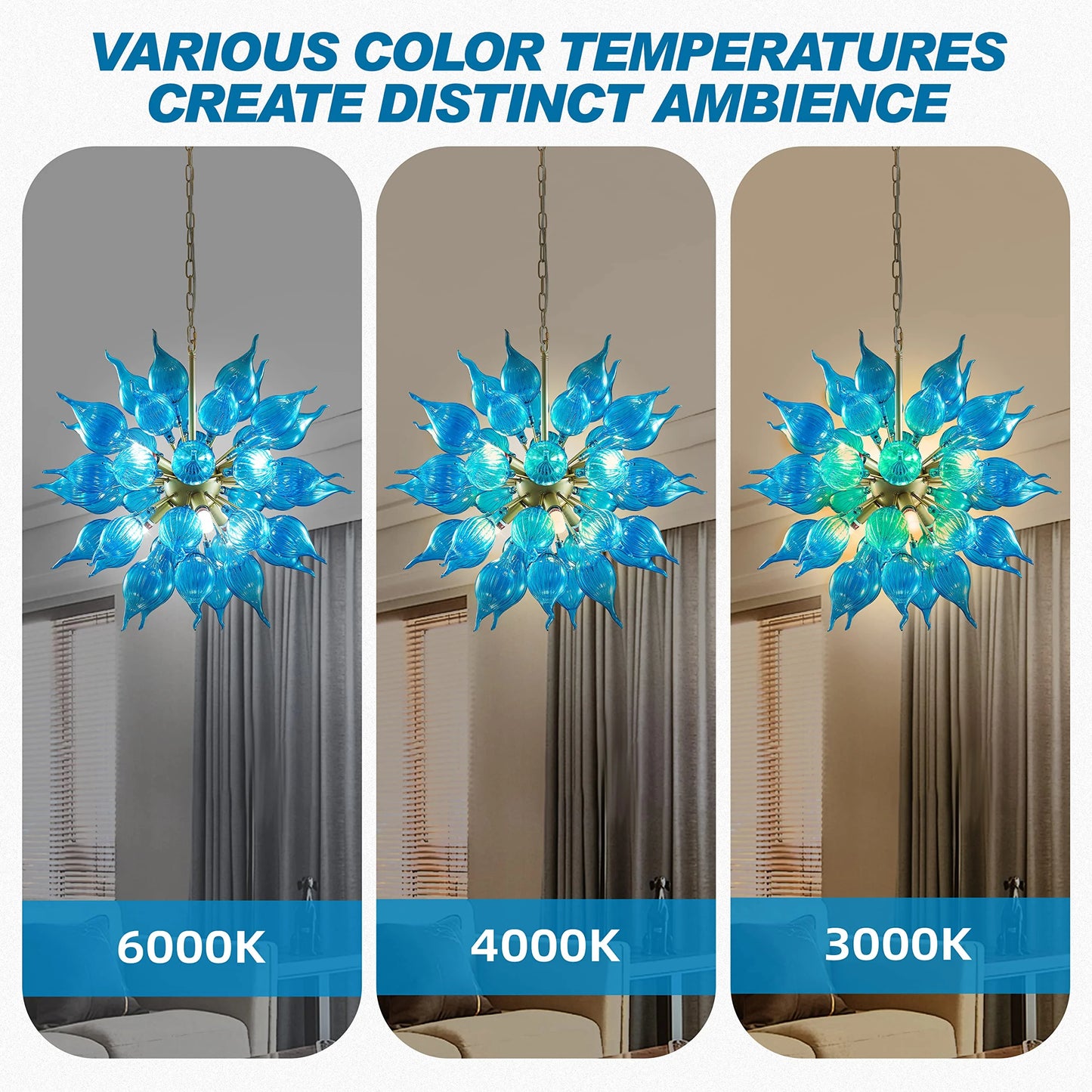 Longree 6-lights Plug in Hand Blown Glass Chandelier Modern Luxury White Flower Bud Glass Art Tall Ceiling Light Hanging Light Fixture for Kitchen, Bedroom, Dining Room, Living Room-LR1466