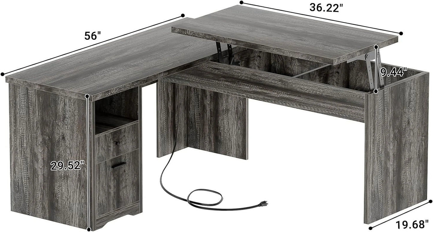 Homieasy L Shaped Desk with Power Outlets and USB Charging Ports, Lift Top Corner Computer Desk with Drawer, Large Office Desk with Storage Shelves, L Shaped Standing Desk for Home Office, Black Oak