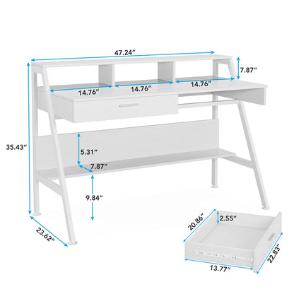 Tribesigns 47 inch Computer Desk, Modern Office Writing Desk with Storage Shelf & Drawers for Home Office, White