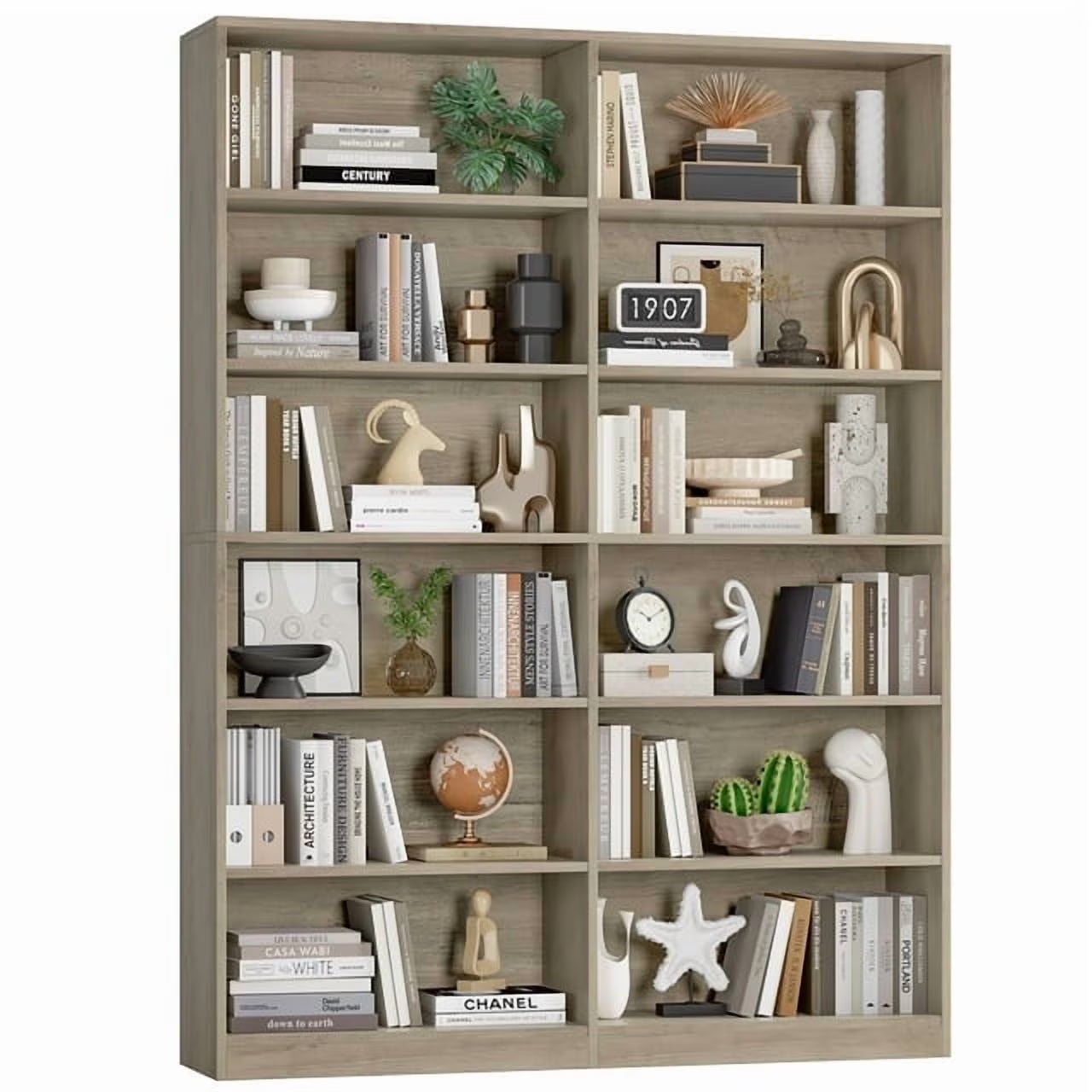 Homfa 74.3° Double Wide 6-Tier Bookcase, Extra Large Wooden Freestanding Display Bookshelf for Home Office Living Room, White