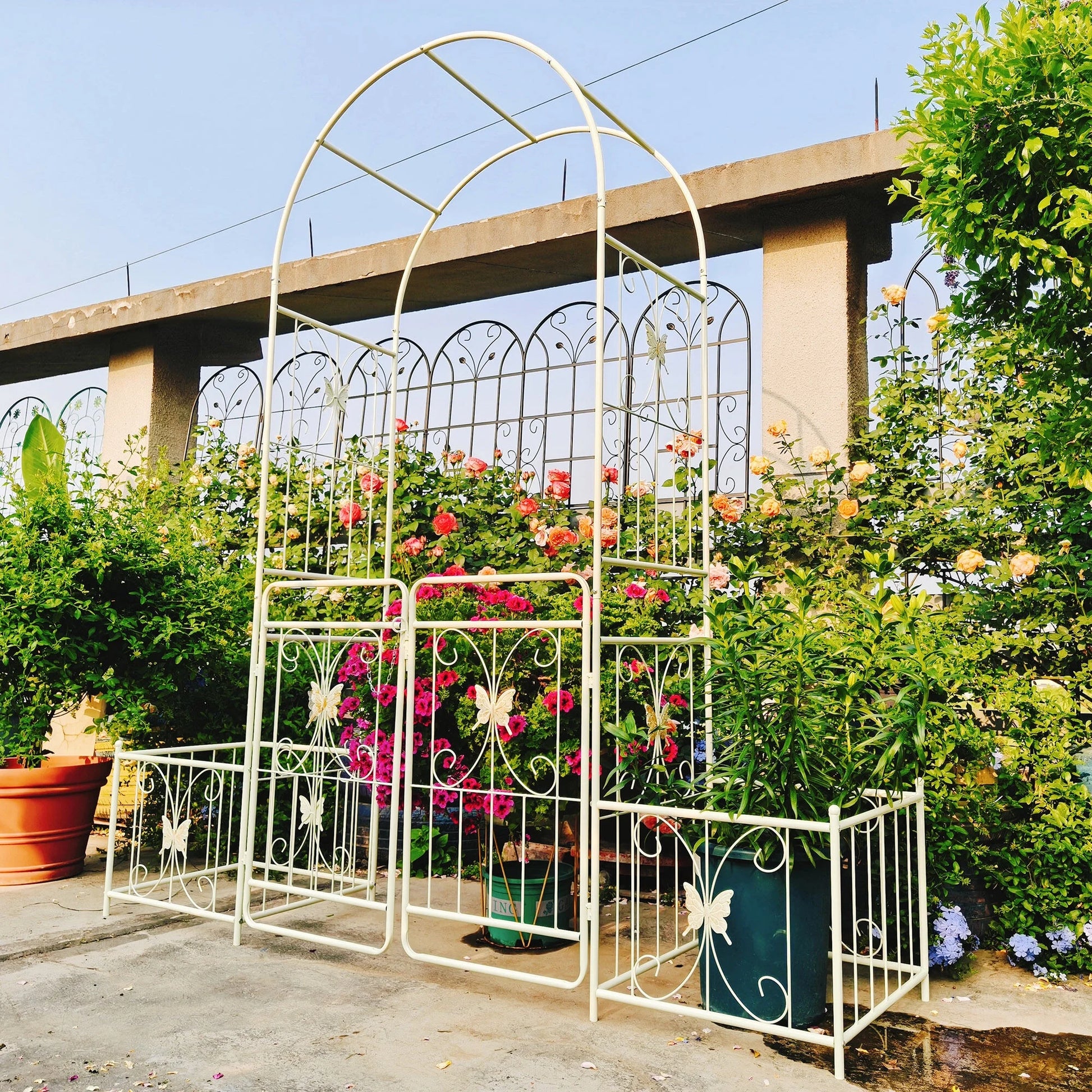 Garden Arch Metal Garden Arch with Gate 79.5'' Wide x 86.6'' High Climbing Plants Support Rose Arch Outdoor Cream White,Garden Trellis