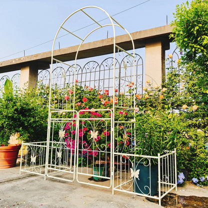 Garden Arch Metal Garden Arch with Gate 79.5'' Wide x 86.6'' High Climbing Plants Support Rose Arch Outdoor Cream White,Garden Trellis