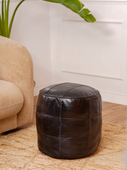 HANDMADE ECO-FRIENDLY ROUND SHAPED STUFFED LEATHER BLACK POUF - 14" x 14" x 14", Round Shape, Black Color, , Seating Pouf For Living Room, Study Room, Patio & Office