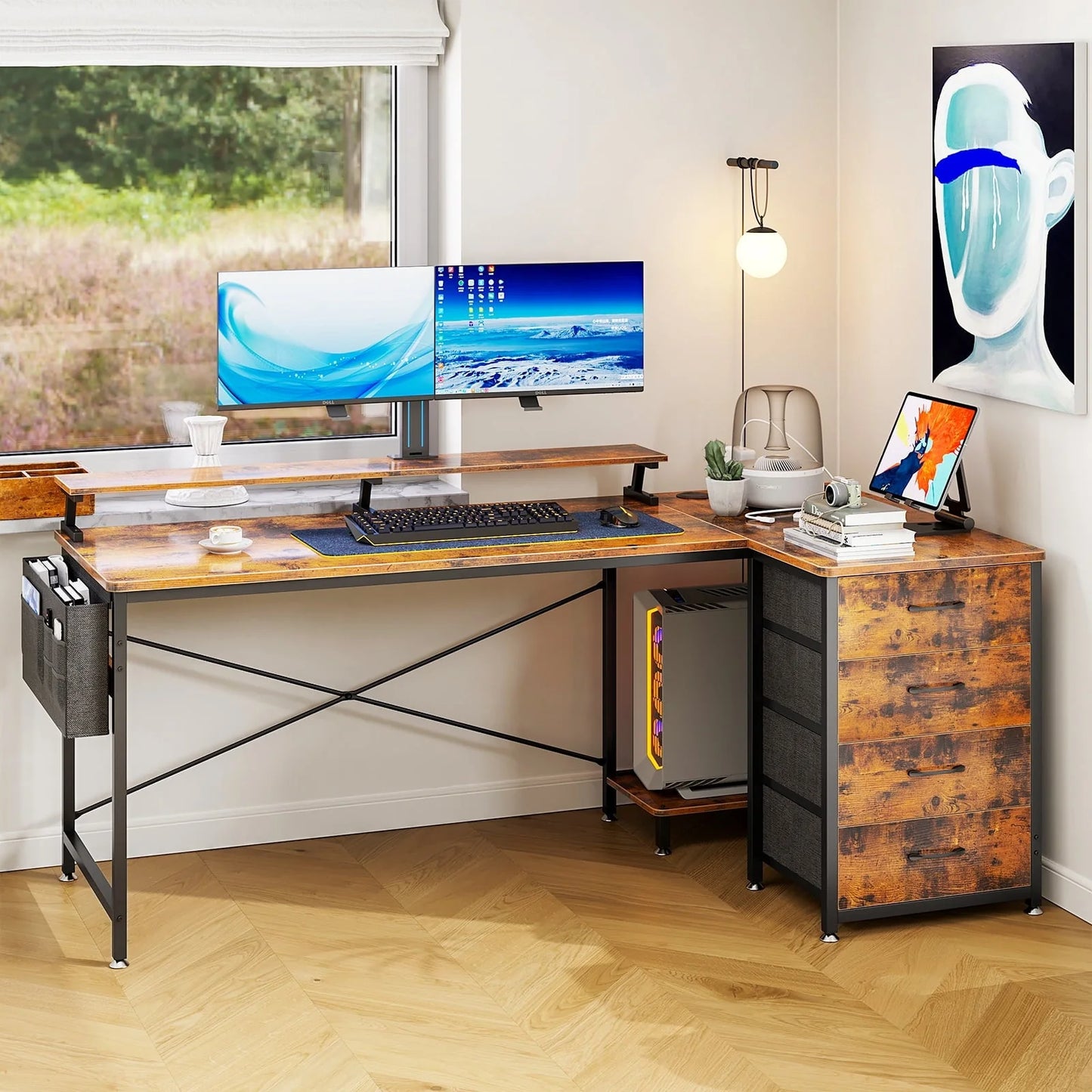 L Shaped Gaming Desk, 63 inch Corner Computer Desk with Power Outlet & USB Charging Port, Modern Writing Desk with 4-Tier Drawer & Monitor Shelf for Home Office, Vintage