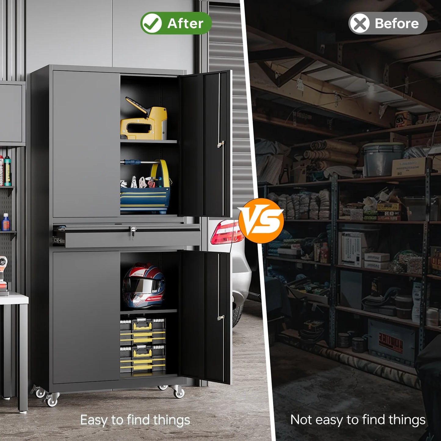 STANI Metal Garage Storage Cabinets with Drawer, 4 Doors Tool Storage Cabinet with 2 Adjustable Shelves, 73"H Rolling Steel Locking Cabinet for Garage Utility Room Home Office (Black, 4 Wheel)