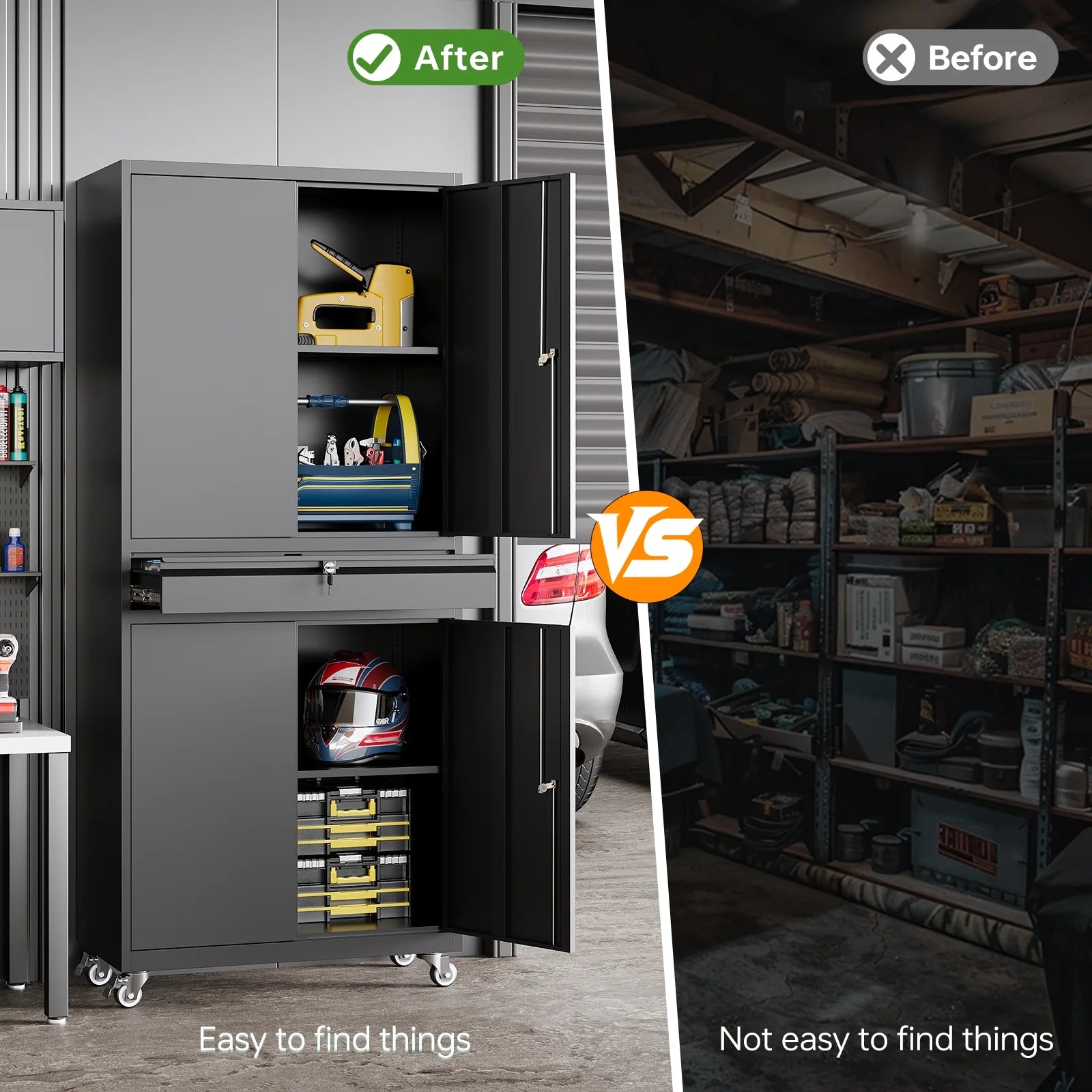 STANI Metal Garage Storage Cabinets with Drawer, 4 Doors Tool Storage Cabinet with 2 Adjustable Shelves, 73"H Rolling Steel Locking Cabinet for Garage Utility Room Home Office (Black, 4 Wheel)