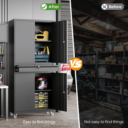 STANI Metal Garage Storage Cabinets with Drawer, 4 Doors Tool Storage Cabinet with 2 Adjustable Shelves, 73"H Rolling Steel Locking Cabinet for Garage Utility Room Home Office (Black, 4 Wheel)