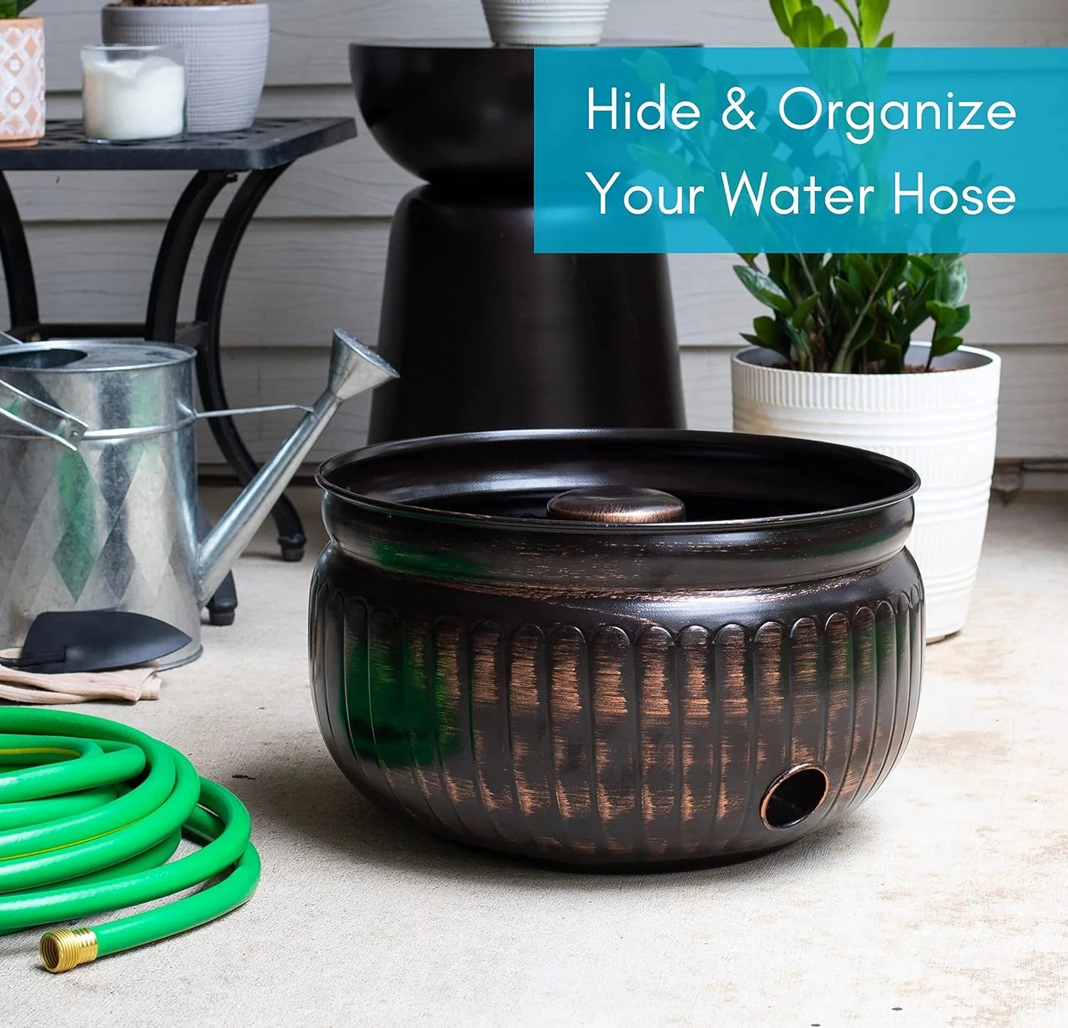 BirdRock Home Decorative Water Hose Pot - Distressed Bronze - 100 ft Hose