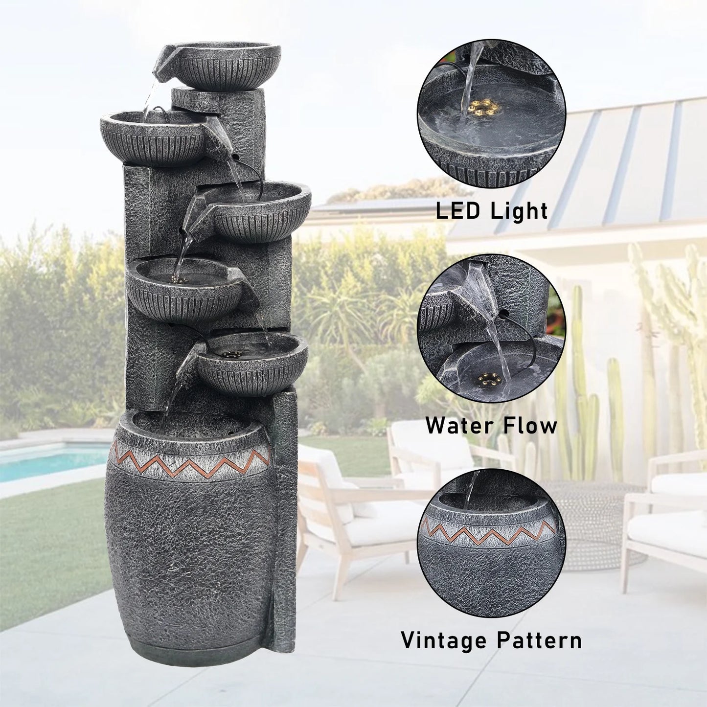 35.83''H Outdoor Indoor Garden Water Fountain 6-Tiers Modern Floor Standing Water Feature Waterfall Fountains with LED Lights for Yard Porch Deck Patio Home Decor