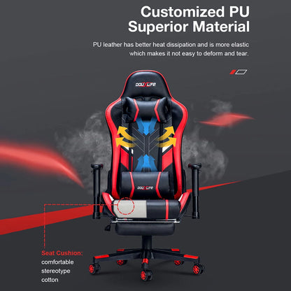 Douxlife Massage Gaming Chair with Footrest, 175° Reclining, Ergonomic Racing High Back Home Office Computer Chair, Video Game Chair for Adluts