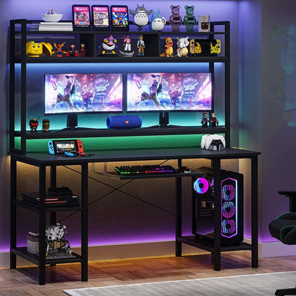 55" Computer Desk with Drawer& Power Outlet, Industrial Home Office Table Gaming Desk PC Study Workstation with Hutch& LED Lights& Adjustable Shelves,White