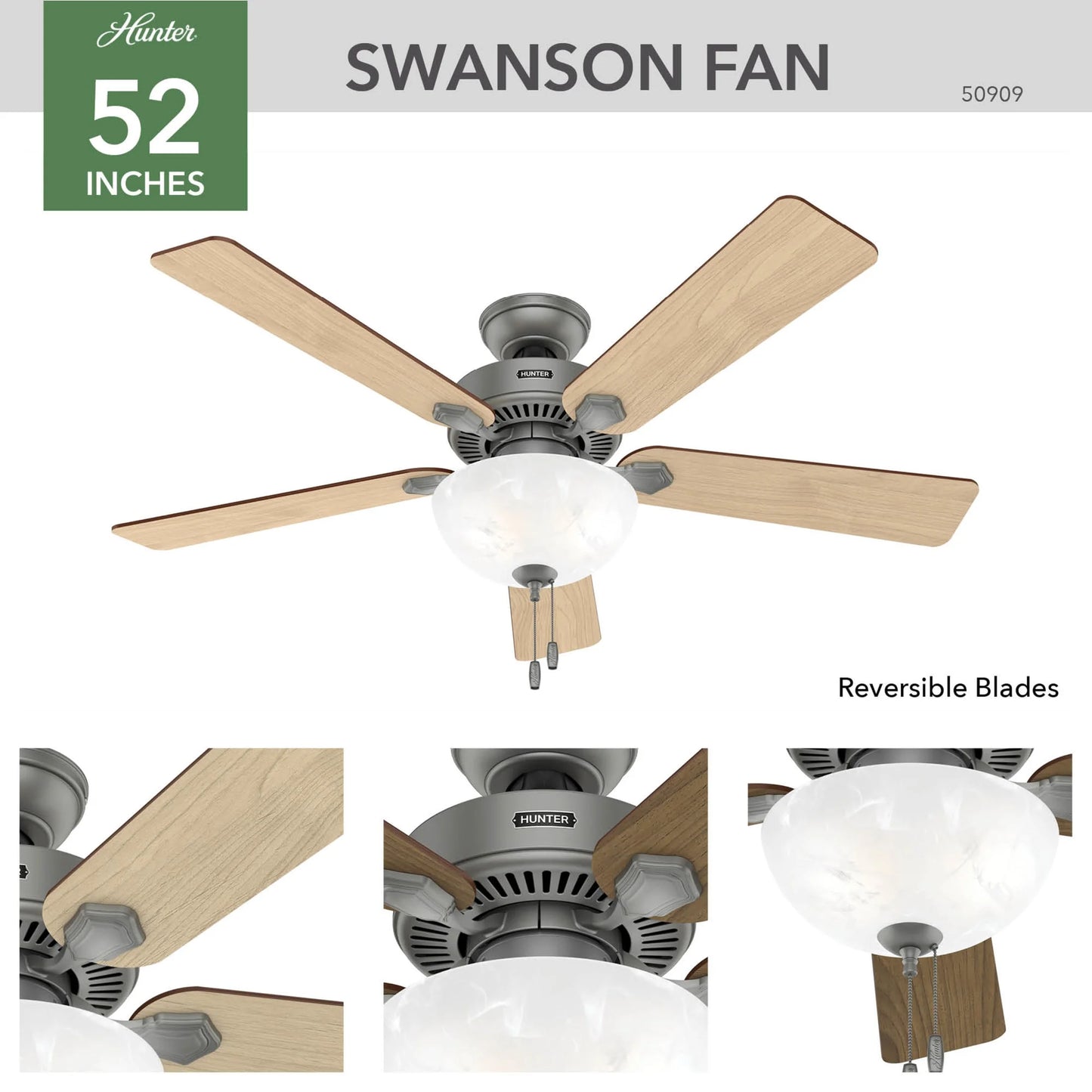 Hunter - Swanson Indoor Ceiling Fan With Light, 52-inch, Matte Silver, Traditional-style, 3-speed WhisperWind Motor, 50909, for living rooms, bedrooms, home offices, kitchens