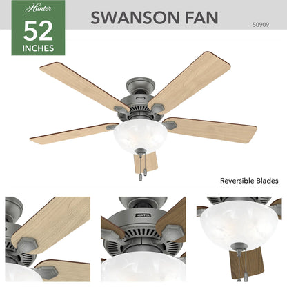 Hunter - Swanson Indoor Ceiling Fan With Light, 52-inch, Matte Silver, Traditional-style, 3-speed WhisperWind Motor, 50909, for living rooms, bedrooms, home offices, kitchens