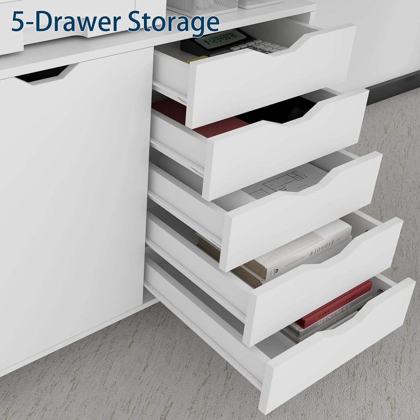 Natwind 5-Drawer Mobilable Wood Printer Stand with Charging Station,Cart File Storage Cabinets with Socket and Door Home Office Lateral Filing Cabinet(white)