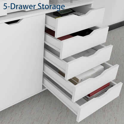 Natwind 5-Drawer Mobilable Wood Printer Stand with Charging Station,Cart File Storage Cabinets with Socket and Door Home Office Lateral Filing Cabinet(white)