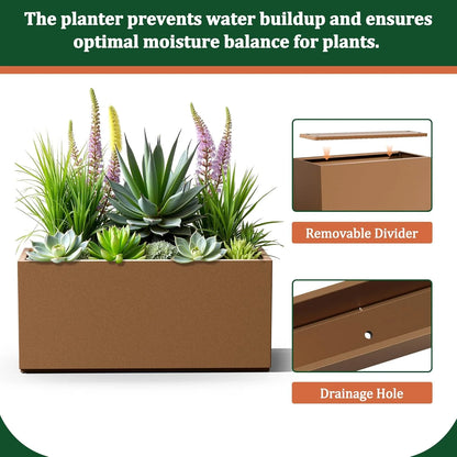 Large Rectangle Planter Metal Brown Planter Box with a Drainage Hole and a Removable Divider Indoor Outdoor Porch Pots for Tall , Trees, Flowers 37.99"x 15" x 16.26" Brown