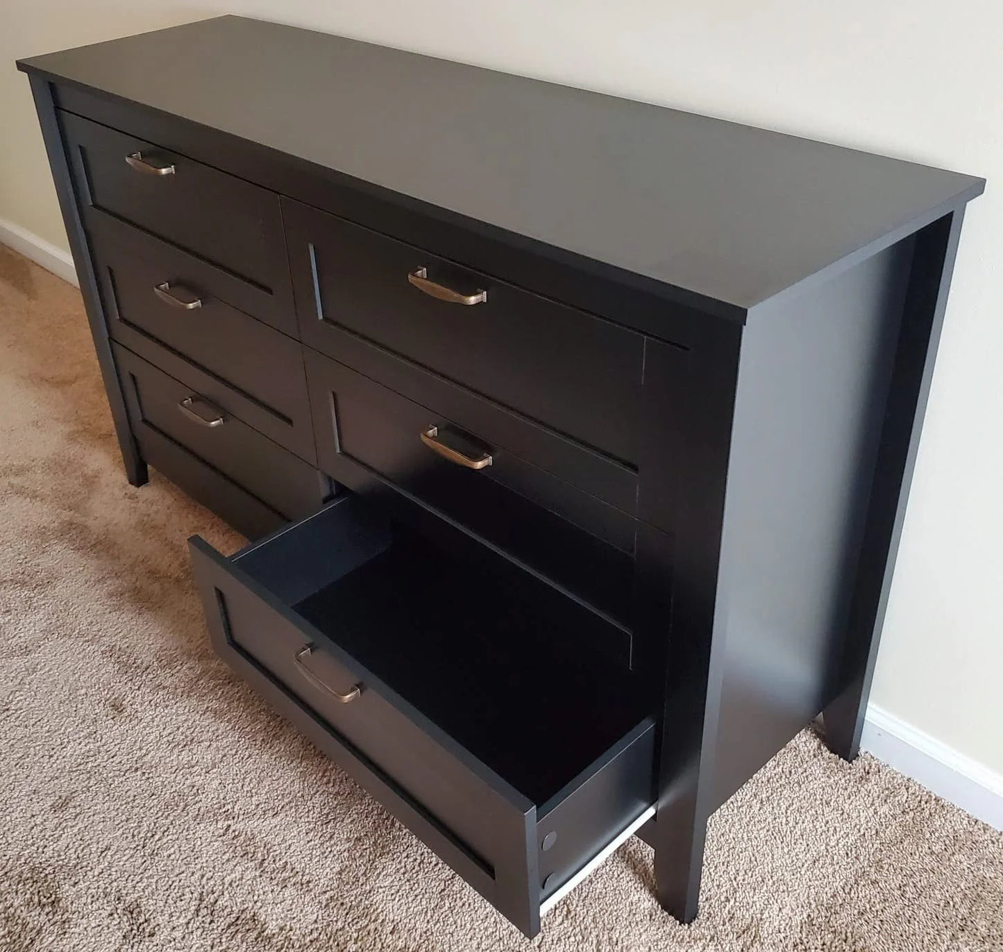 WLIVE Black Dresser for Bedroom, Double Dresser with Chest of 6 Drawers for Living Room & Nursery Toddlers Room, Retro Chest of Drawers with Metal Handle, Double Wood Dresser, Large Storage Cabinet