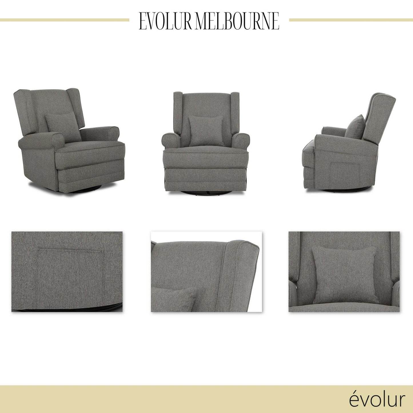 Evolur Melbourne Wing Back Swivel Glider I Nursery Glider I Durable Soft Fabric I Bonus Pillow In Iron