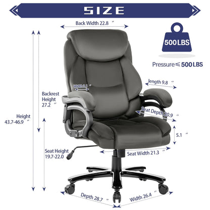 JONPONY Home Office Chair, Big and Tall Chair 8 Hours Heavy Duty Design, Ergonomic High Back Cushion Lumbar Back Support, Computer Desk Chair, Adjustable Executive Leather Chair with Arms,Grey