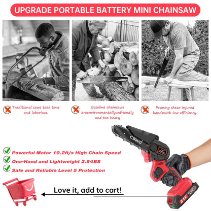 Mini Chainsaw 6 Inch Cordless, 2023 Upgrade Cordless Small Chainsaw, Battery Powered Hand Saw With Security Lock for Trees Branches Trimming Wood Cutting (2Pcs Batteries and 2Pcs Chains), Red