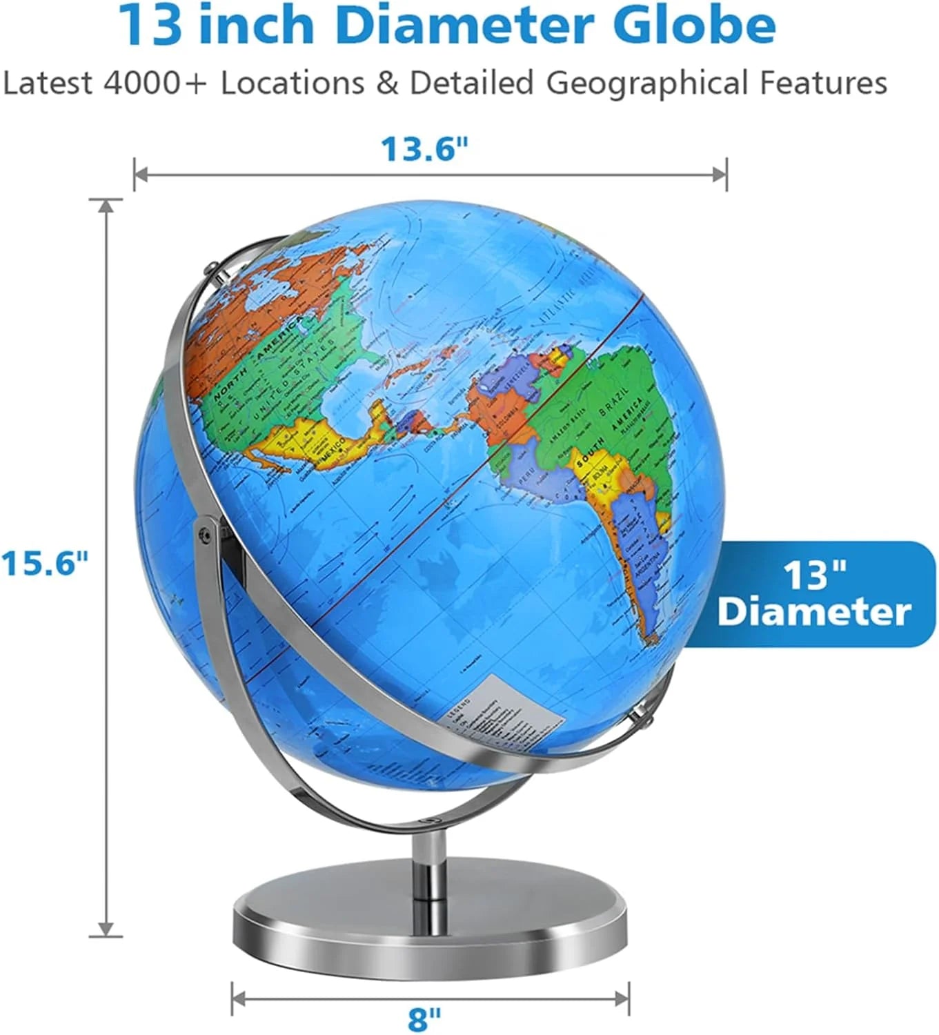 13" World Globe for Kids, Classroom Globe for Education & Decoration with Stable Heavy Metal Base, HD Waterproof Printed & Rewritable Surface