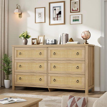 Yeshouse Boho 6-Drawer Dresser with Rattan Accents, Modern Chest of Drawers with Ring Handles & Deep Storage for Bedroom, Living Room