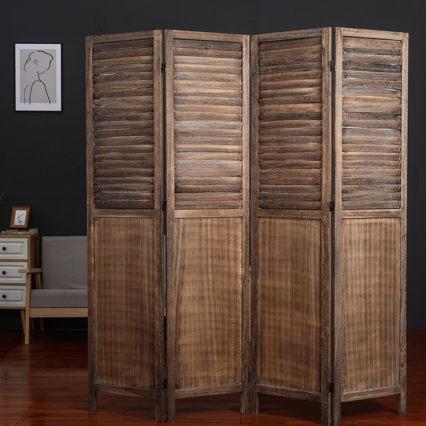 Light Brown 4-Panels Room Divider w/Window Shutter Style