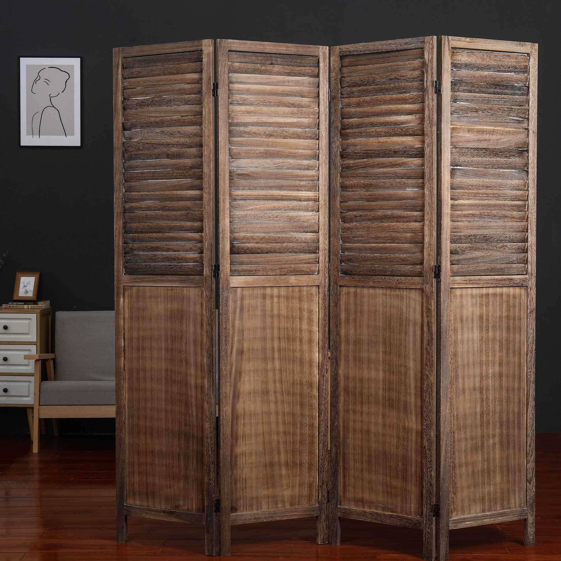 Light Brown 4-Panels Room Divider w/Window Shutter Style