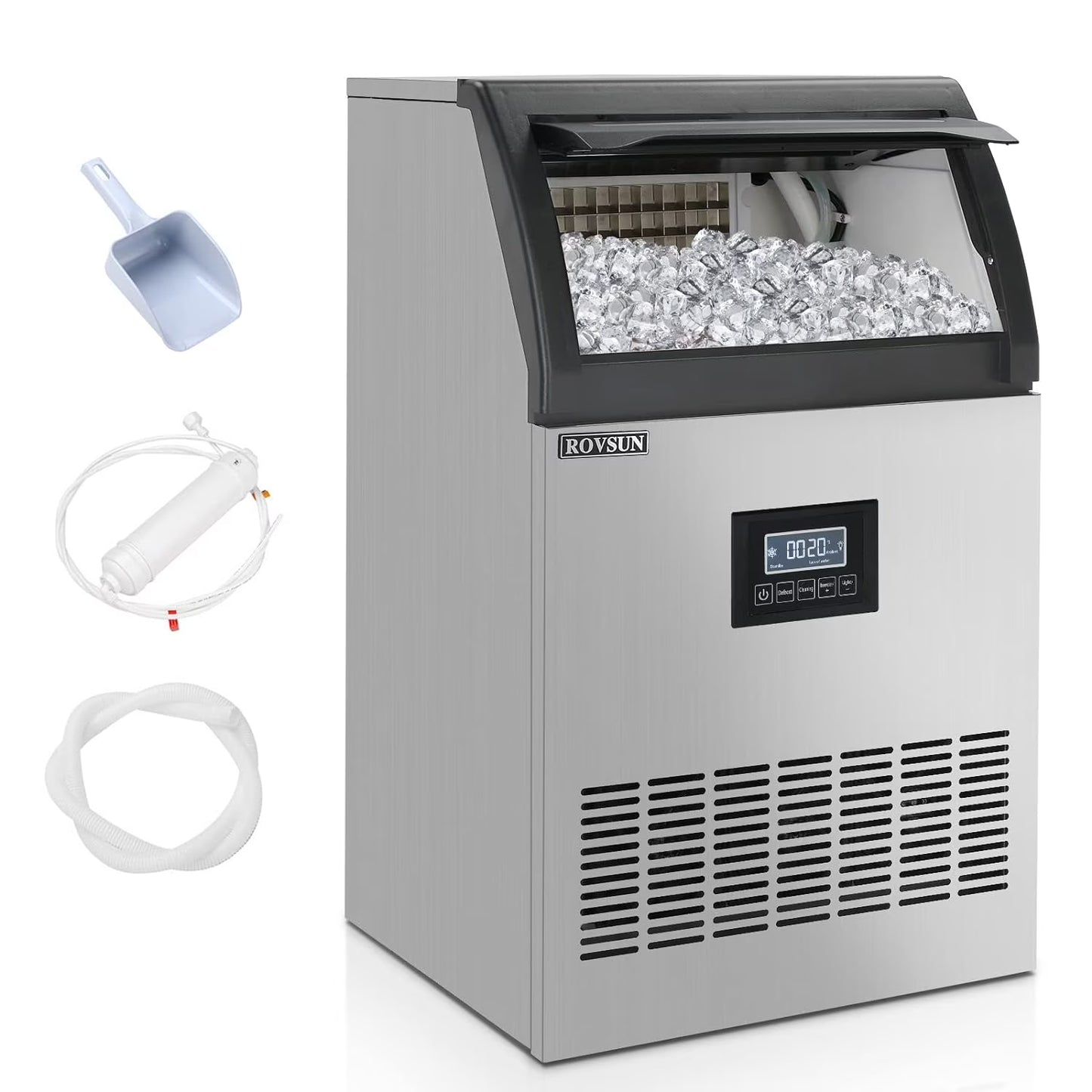 ROVSUN 440LBS/24H Commercial Ice Maker, Freestanding/Under Counter Industrial Ice Machine with Time Reservation, 77lbs Storage Bin, LED Panel & Water Filter for Home Office Restaurant Bar Cafe