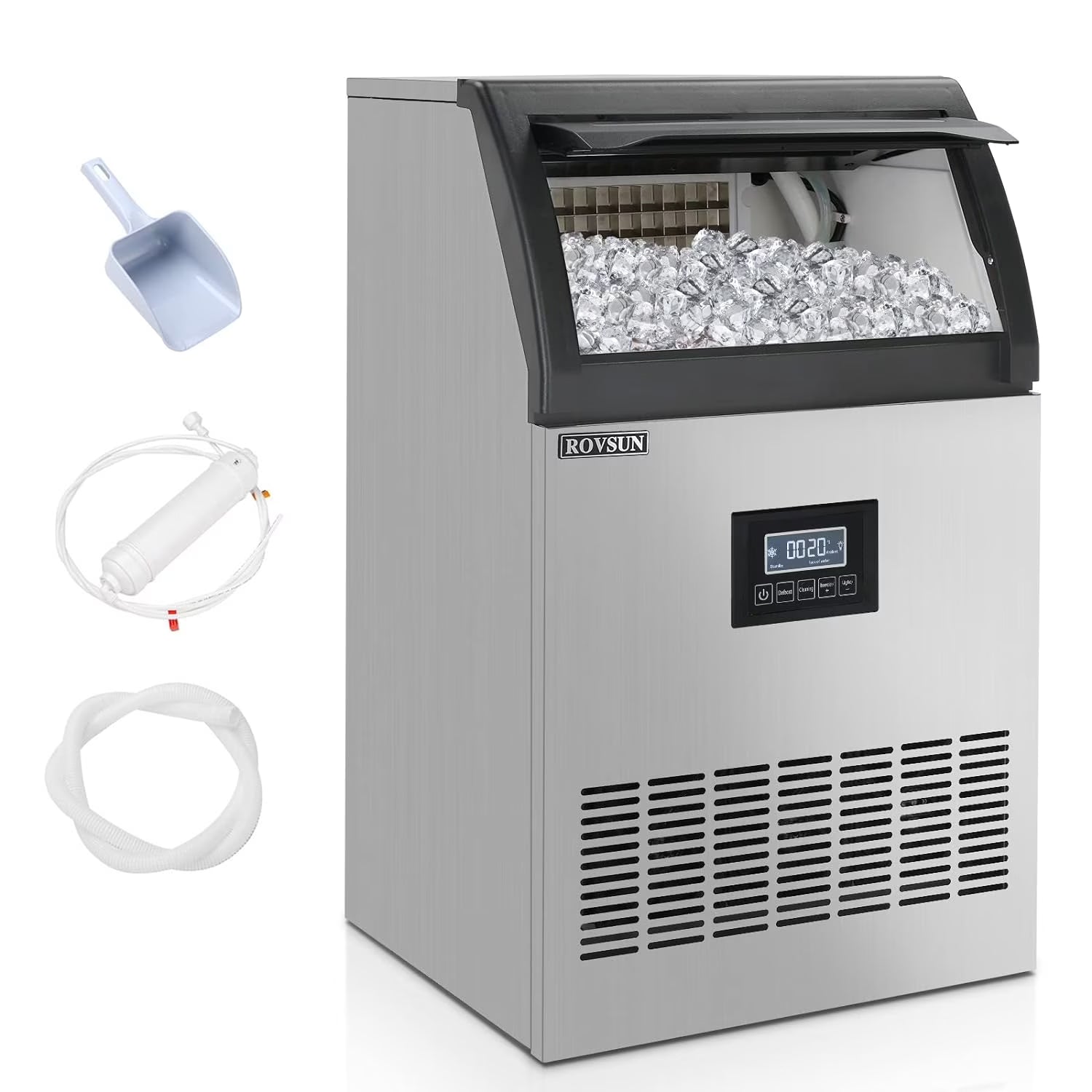 ROVSUN 440LBS/24H Commercial Ice Maker, Freestanding/Under Counter Industrial Ice Machine with Time Reservation, 77lbs Storage Bin, LED Panel & Water Filter for Home Office Restaurant Bar Cafe